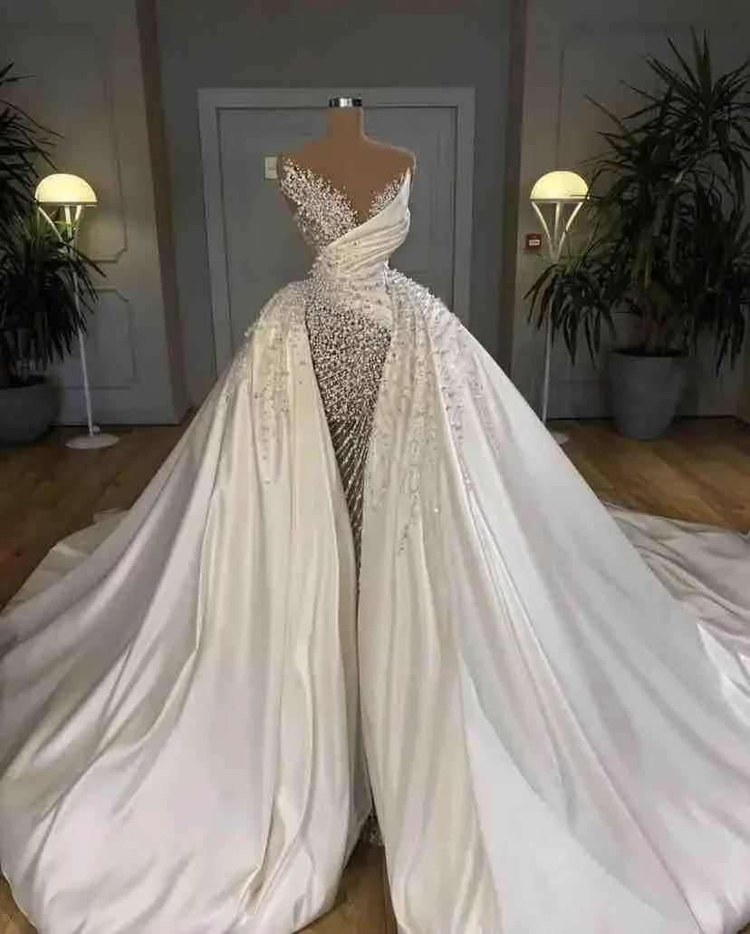 

Customized Wonderful Heavy Handwork Pearls Beads Wedding Dresses Vestido De Novia Satin See Through Mermaid Ruched Bridal Gown