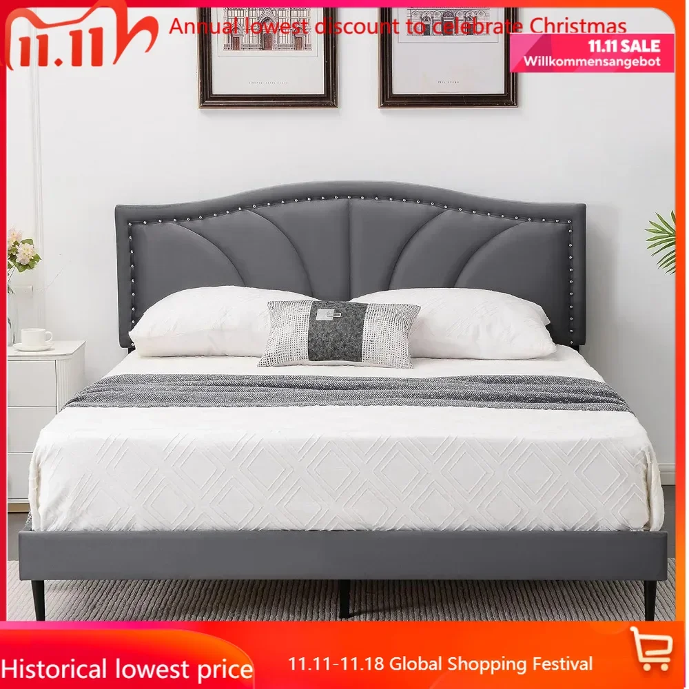 

Queen Size Bed Frame,Velvet Upholstered Platform Bed with Decorative Flower Line & Nailhead Trim Headboard with Wood Slat Suppor