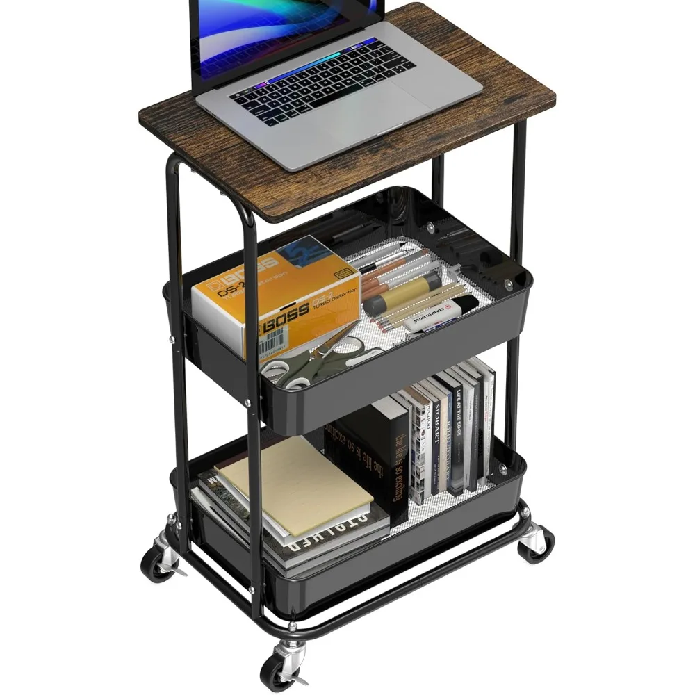 عربة أدوات دوارة بطبقتين مع عجلات قابلة للقفل وسطح خشبي - منظم تخزين المطبخ والحمام والمكتب
