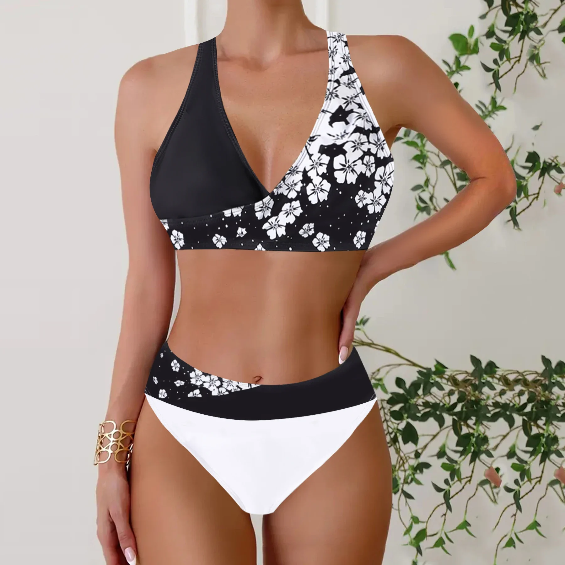Women's Summer Vacation Tankini Set - High Stretch Crew Neck Swimsuit with Random Print, Knit Fabric 2 Piece Tropical Bikini