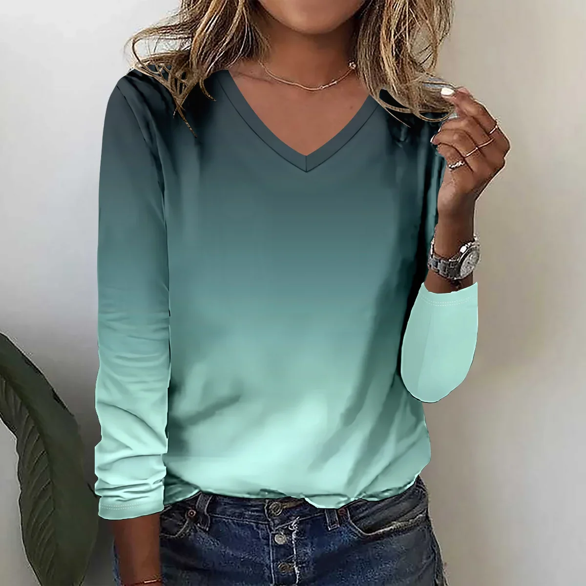 Fashion gradient pattern 3D Print Women V-Neck Long Sleeve T-Shirt Autumn Casual Breathable Women's Clothing Apparel Tops Tees