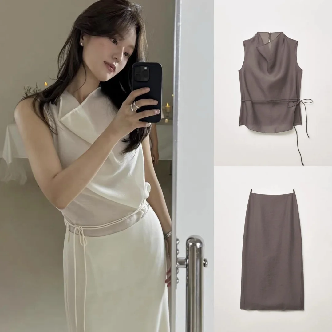 

Ele Slimming Belted irt Skirt Set Summer 2025 Faion Women's Clothing Waist-Cinching Tie-Detail Long Sve round Ne
