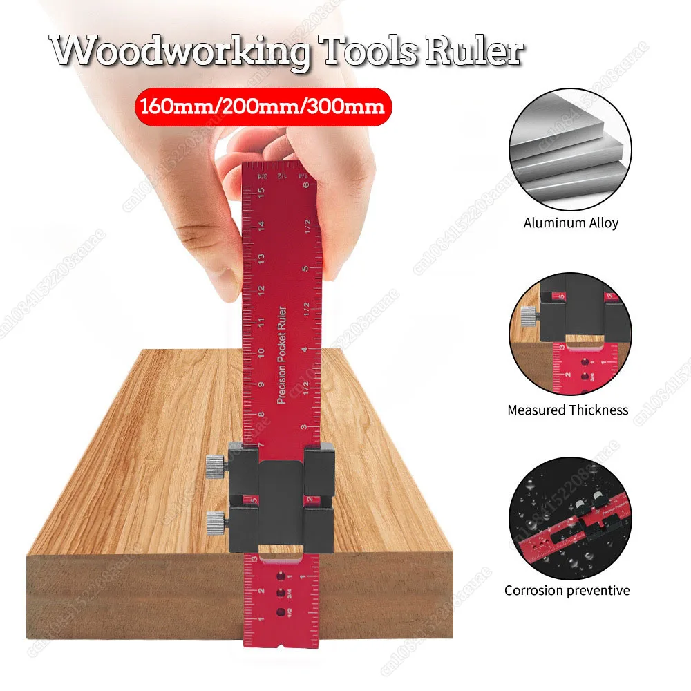 

Woodworking Ruler Precision Pocket Rule - 160/200/300MM Aluminum Metal Slide Stop Marking Ruler Metric Inch Measuring Tools