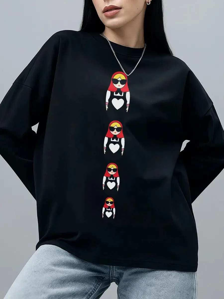 Bequeme Bluse, 100 % Baumwolle, langärmelig, T-Shirt, russischer süßer Cartoon-Puppen-Aufdruck, lustige Rundhalsausschnitt-Tops, russische Mädchen-Streetwear