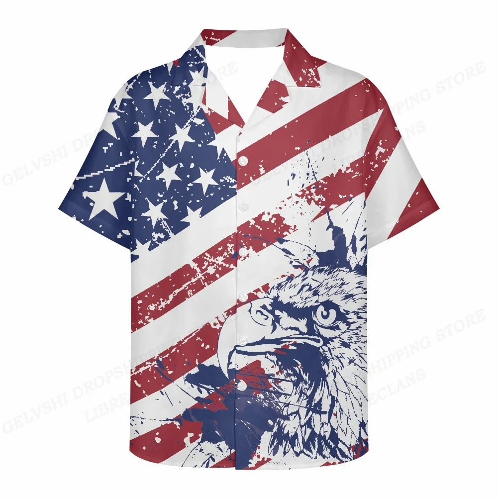 Men's American Flag Print Shirt Hawaiian Cuban Collar Shirt Casual Beach Eagle Shirt Retro Lapel Men's