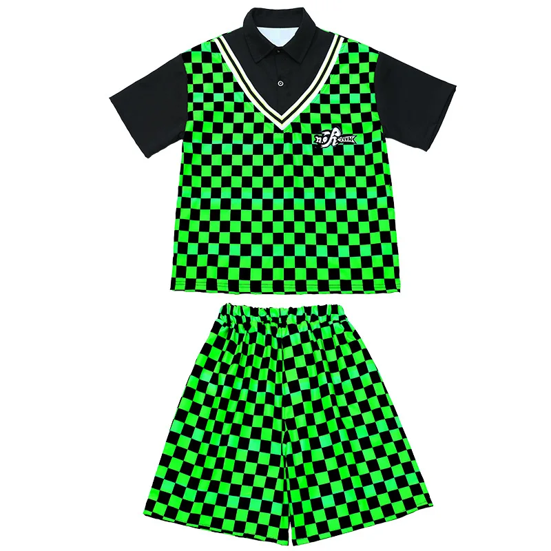 Kid Kpop Hip Hop Clothing Green Checkered Lapel Oversized T Shirt Top Summer Shorts for Girl Boy Jazz Dance Costume Clothes Set