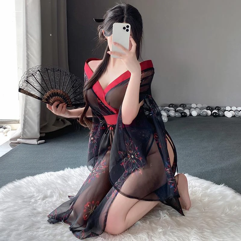 Japanese Sexy Kimono Printed Bathrobe Cosplay Perspective Costume Belt Set Women\'s Traditional Chiffon Underwear Deep V Pajamas