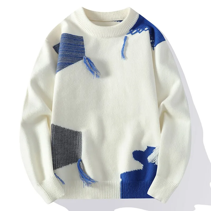 2024 Patchwork Knitted Sweater Trend High Street Autumn Winter Warm Men\'s Tops Hip-hop Street Clothing Fishing Sports Pullover