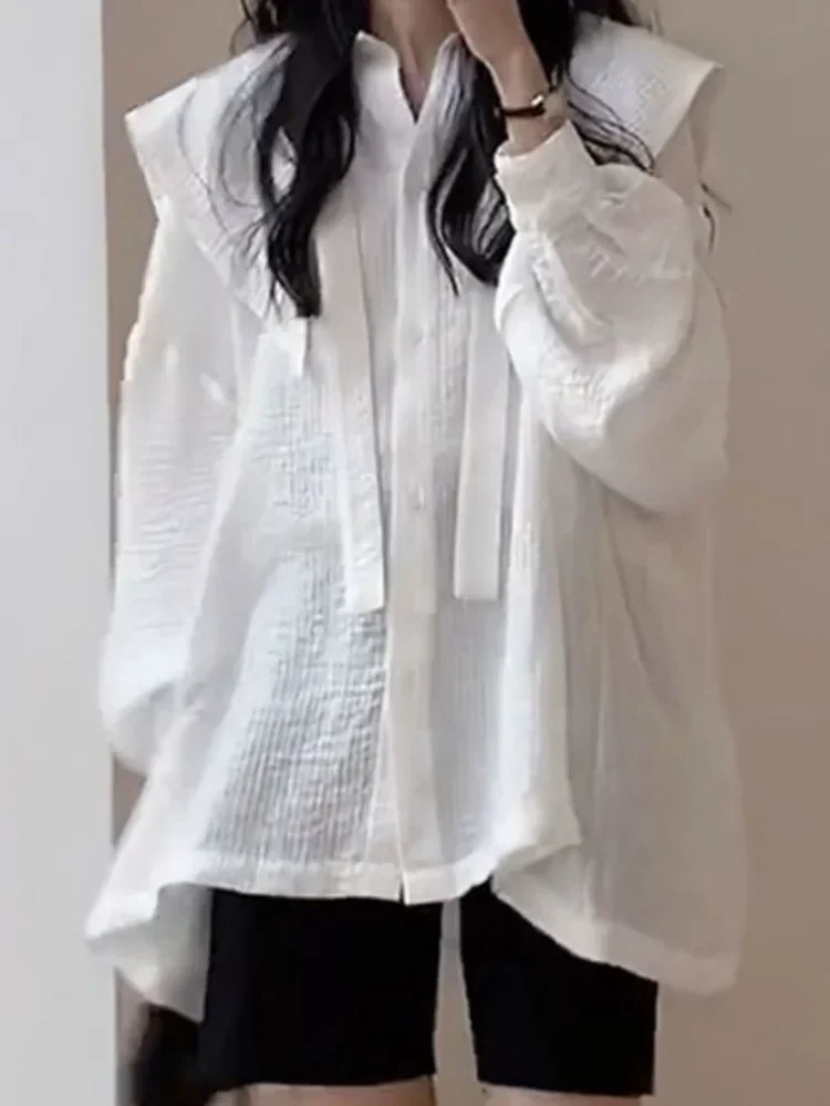

2025 Long Sleeve Shirts Bandage Tops Blouse Women Lantern Korean Clothes Elegant Work Shirt Fashion Autumn Sailor Collar Blusas