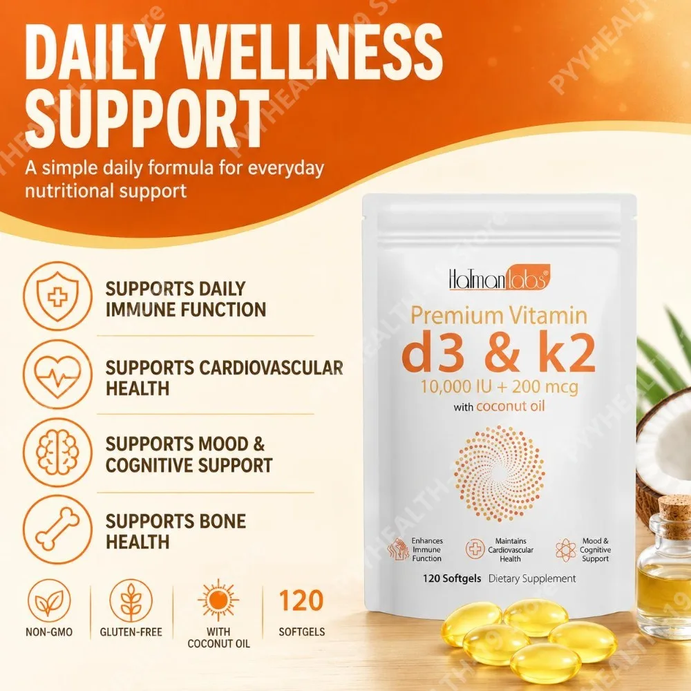 HalmanLabs Vitamin D3 K2 Softgels 10000IU 200mcg Coconut Oil For Immune Bone Mood & Cardiovascular Support Adult 120 Count