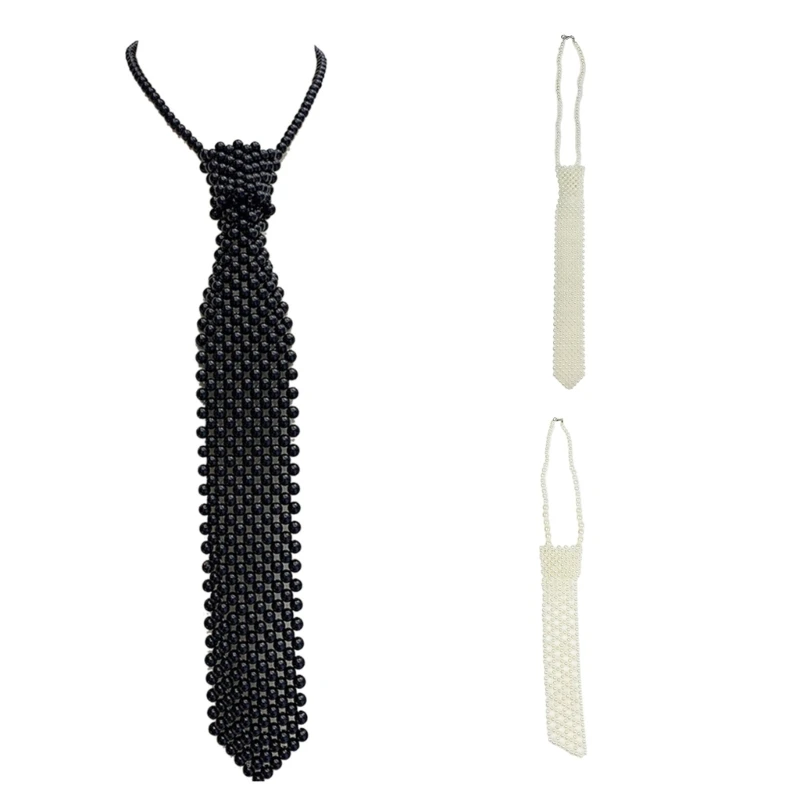 

652F Women Necktie Hollow Out Pearl Tie Adjustable Neck Ties Adult Formal Accessories Tie Party Concert Tour Choker Necklace