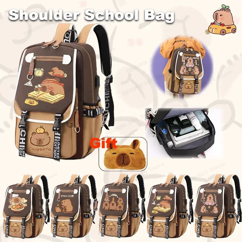 School Season 2025 Explosion Kapybara Backpack Large Capacity Cartoon Student Five Mind Hotpot Good Luck Merit Love Study Bag