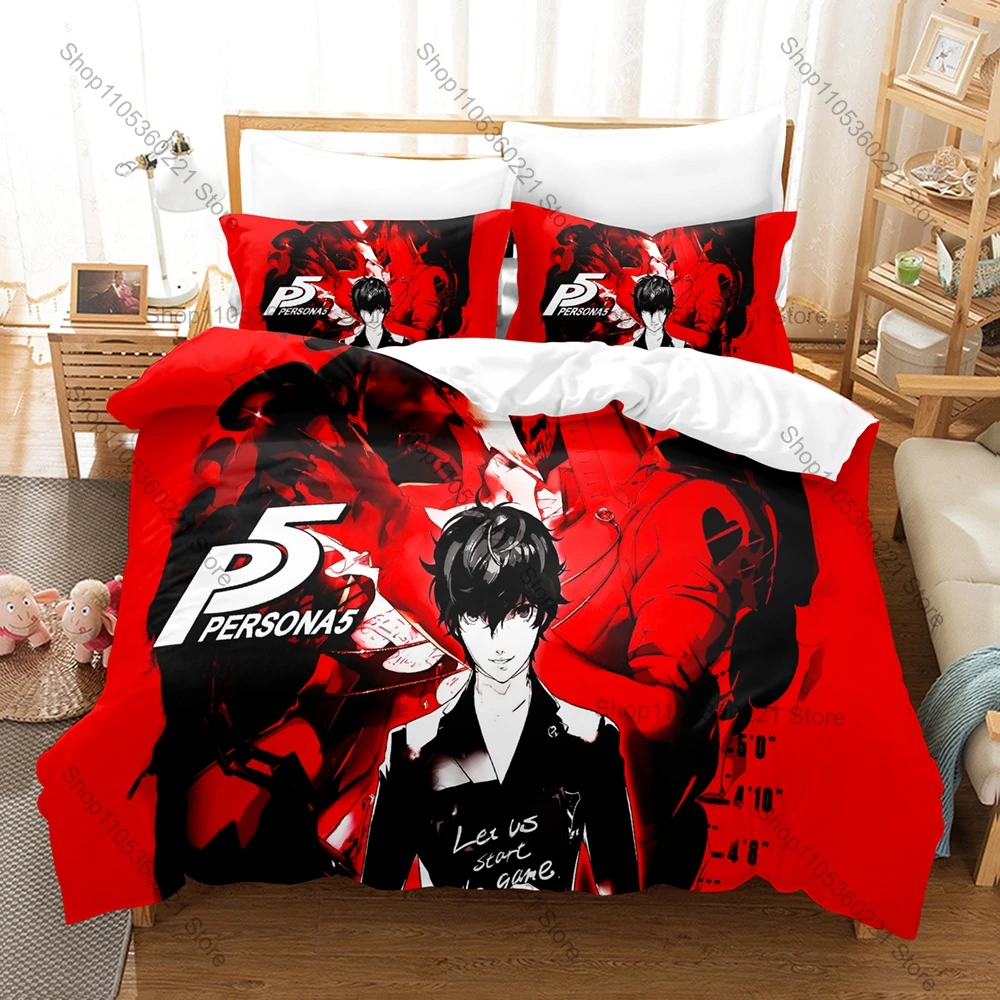 Cool Classic RPG P-Persona 5 Duvet Cover + 2 Pillowcases, Cartoon Role Pattern Soft Bedding Set for Home Decor