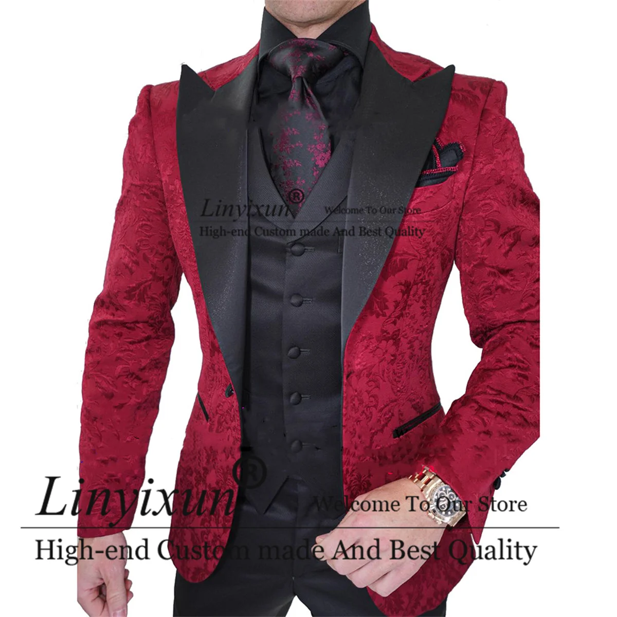 

Burgundy Jacquard Men Suits For Wedding Peaked Lapel Groom Tuxedos 3 Pieces Sets Business Male Blazer Groomsmen Costume Homme