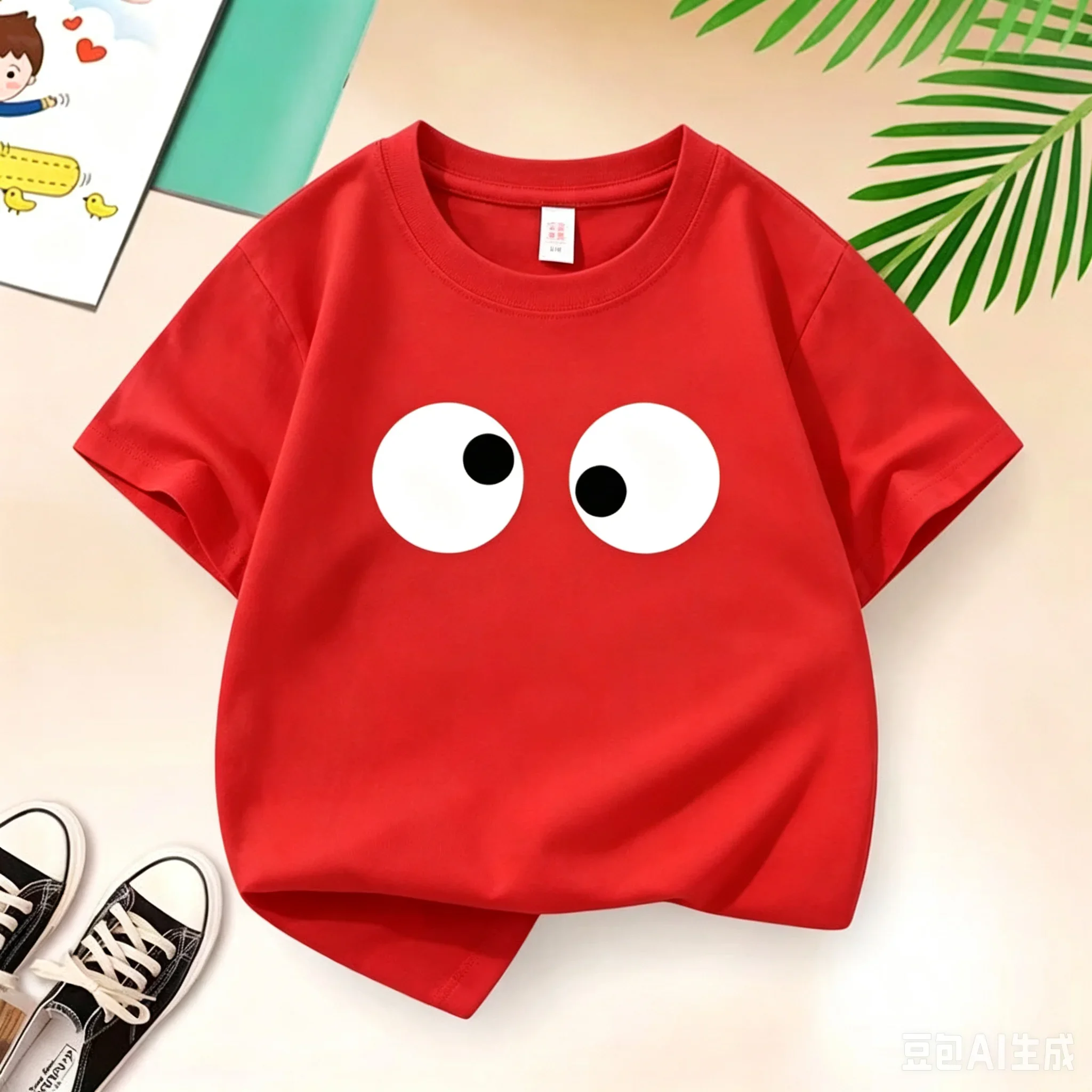 2026 New Style Minimalist Funny Big Eyes Cookie Letter Graphic Black Tee Short Sleeve T Shirt Simple Pattern Children Daily