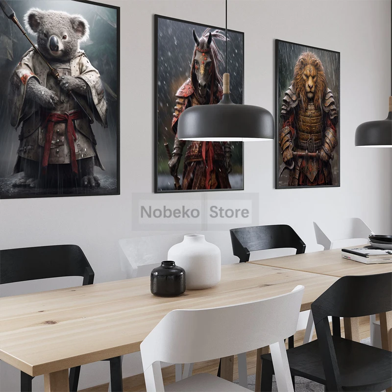 Samurai Animals Poster Photorealistic Anthropomorphic Animal Portrait Prints Canvas Painting Wall Art Pictures Home Room Decor