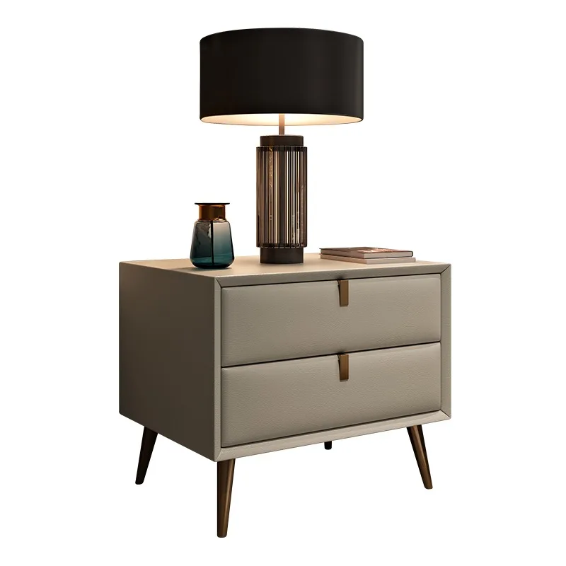 

Modern wooden bedside table with two drawers and modern decoration for a bedroom setting