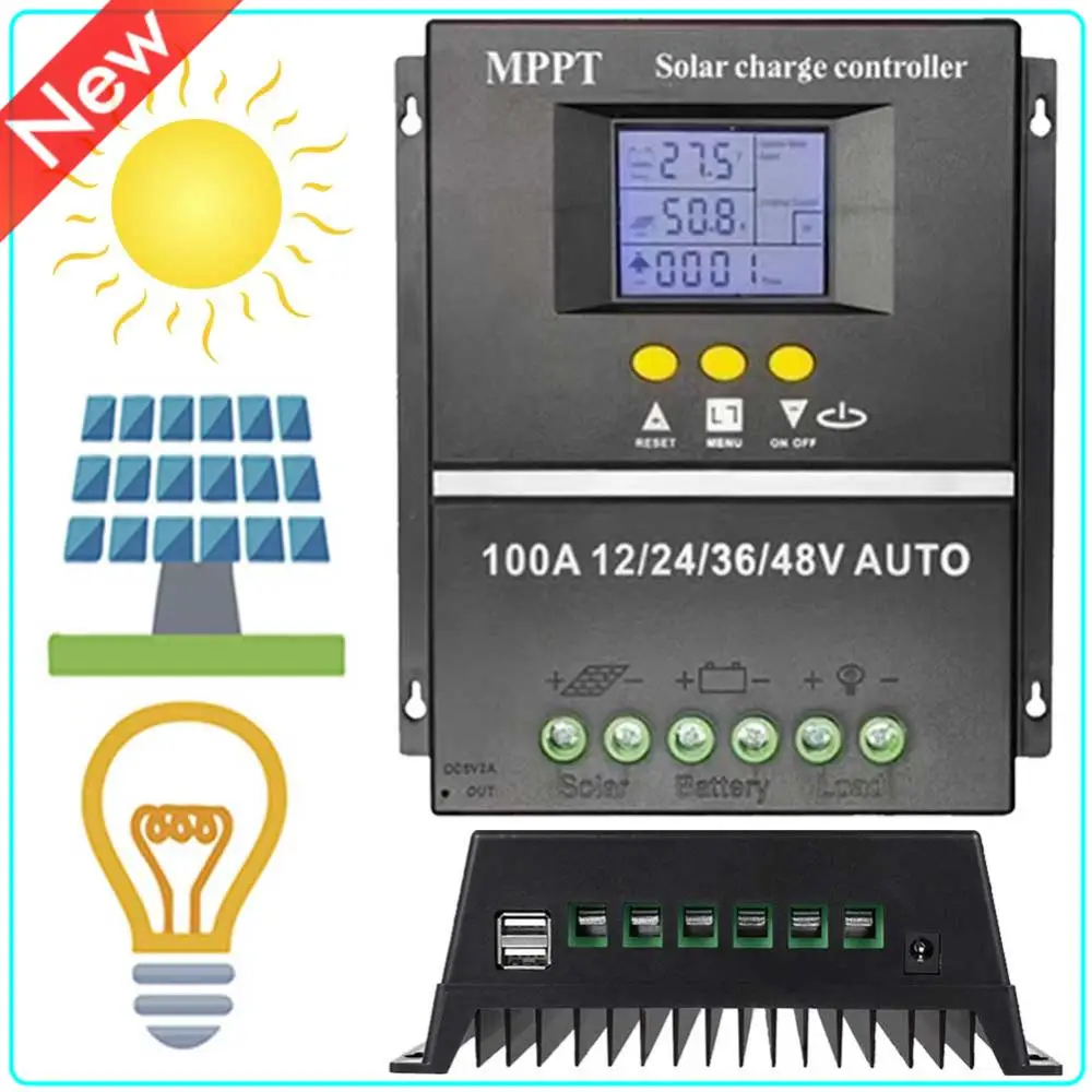 

Контроллер заряда солнечных батарей MPPT 100А, зарядное устройство для солнечных панелей с двумя USB-портами, автоматический контроллер заряда 12В 24В 36В 48В для солнечных панелей