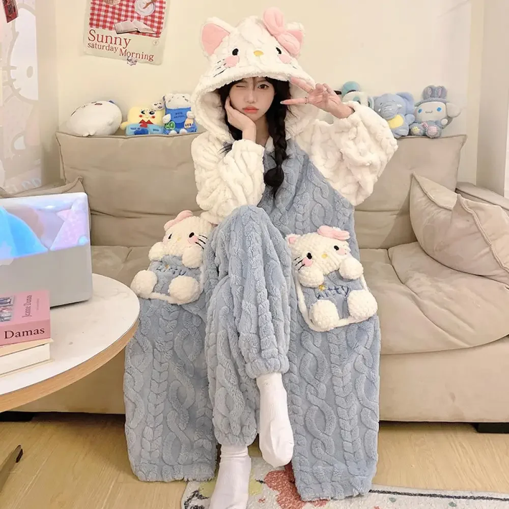 Conjunto de pijama de felpa de Hello Kitty para mujer, camisón grueso con capucha de Anime Sanrio Kawaii Chiikawa, ropa de casa cálida y bonita de lana Coral para invierno