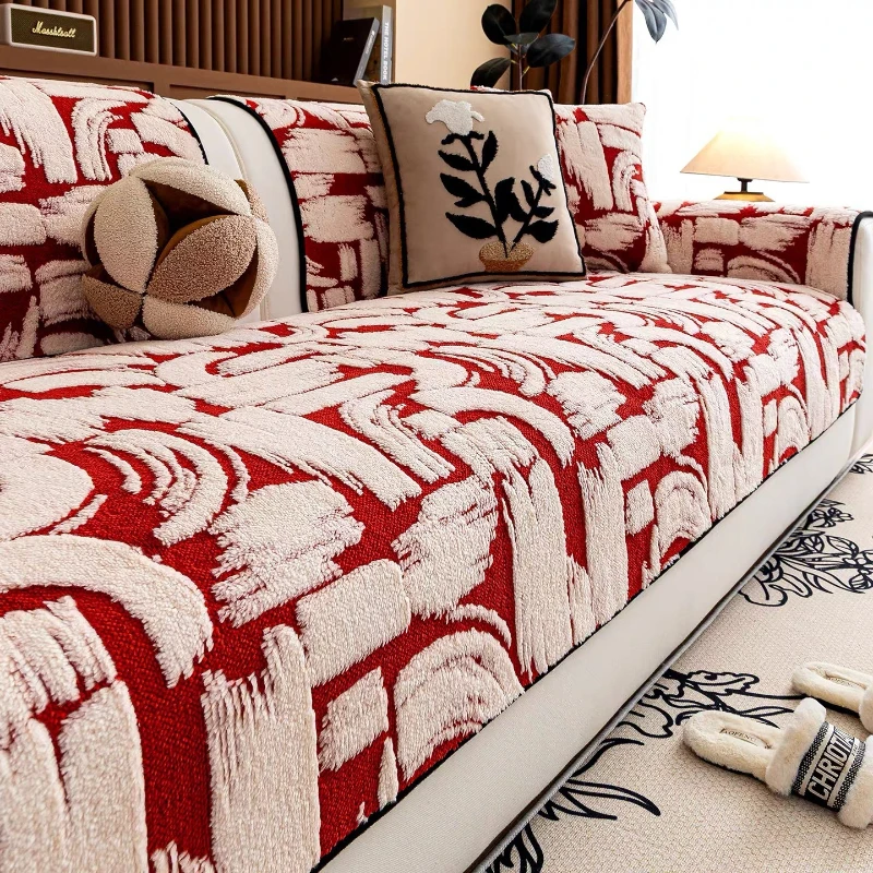 Plush red festive sofa cushion autumn and winter light luxury high-end sofa cover anti-cat scratch seat cushion
