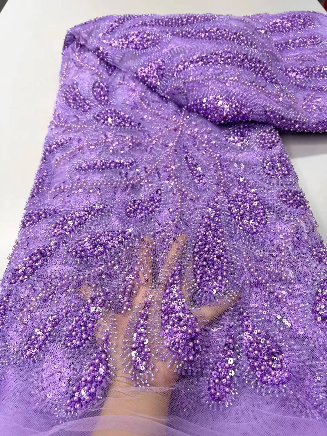 

High Quality Nigerian African Beaded Sequins Pearl Lace French Tulle Fabric for Party Dress Sewing