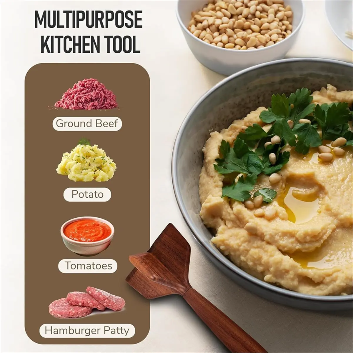 Wooden Ground Beef Masher, Heavy Duty Meat Chopper for Ground Beef,for Nonstick Cookware, Kitchen Tool for Beef, Turkey