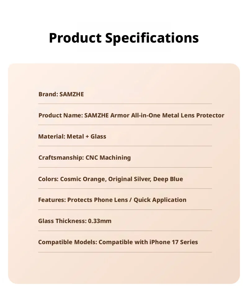 SAMZHE All-in-One Metall-Objektivschutz für Apple iPhone 17 Pro Max, Vollflächiger Kameraschutzfilm für iPhone 17Pro Rückkamera – Detail 10