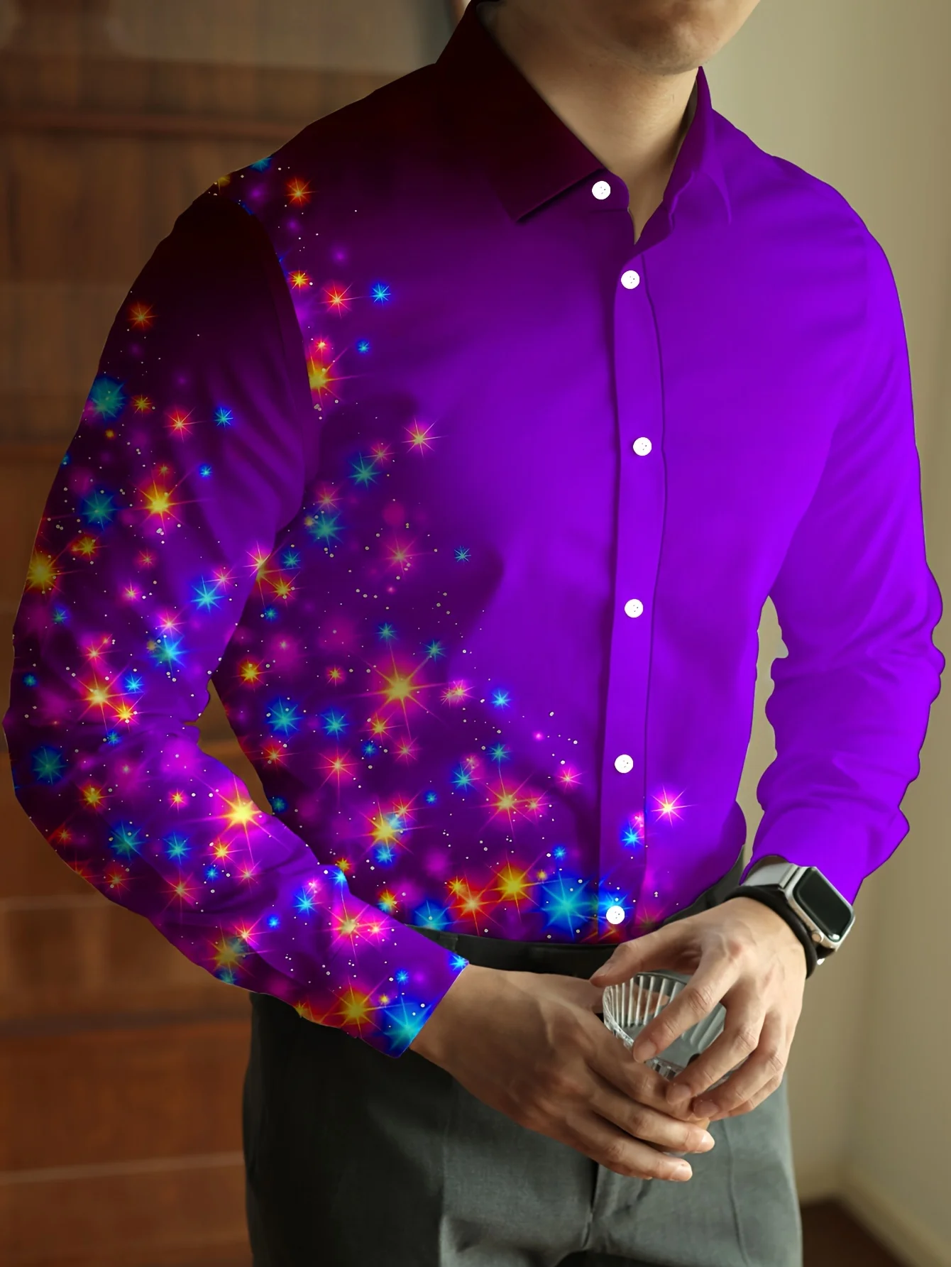 Trendy Men Button‑Up Shirt Galaxy Starry Night Black‑Red Gradient Art Print Polyester Nightclub Dating