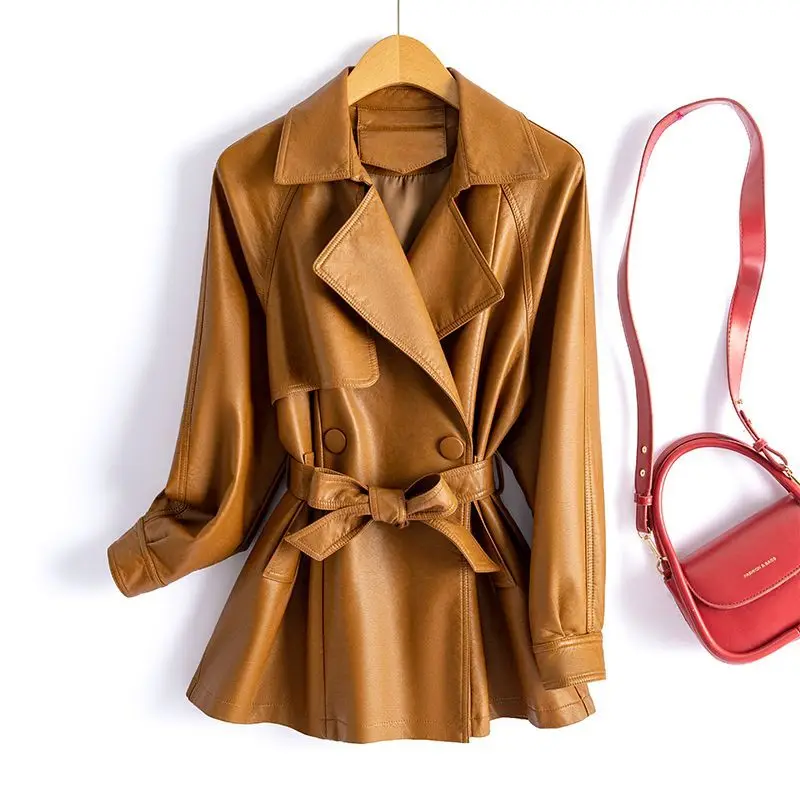 Fashion Short Sheepskin Jackets Women Casual Turn-down Collar Lace-up Long Sleeve Coats Chic Ladies Split Leather Jackets