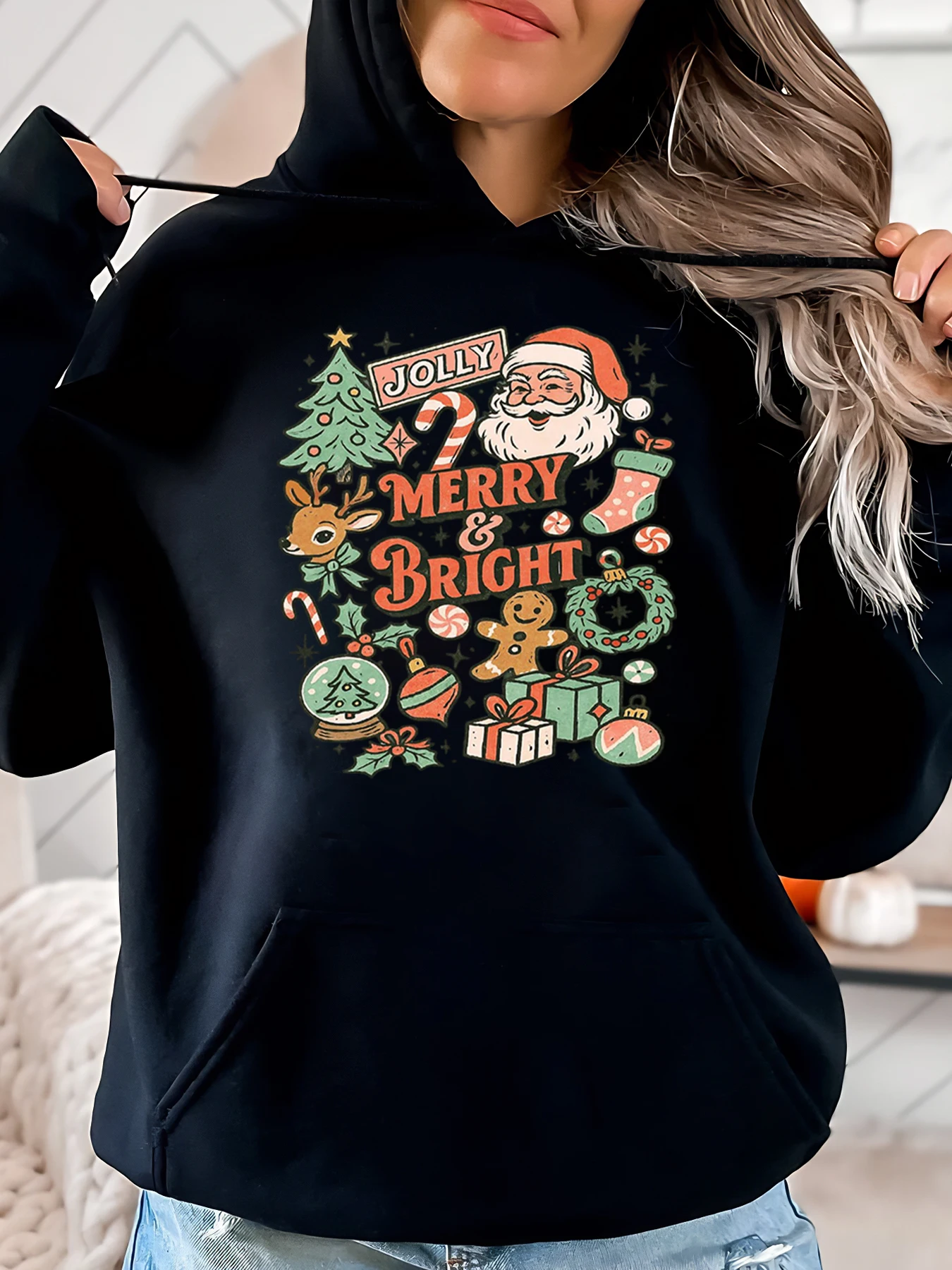 

Женская толстовка с капюшоном с рождественским принтом Jolly Merry и Bright, повседневная праздничная одежда, черная, больших размеров