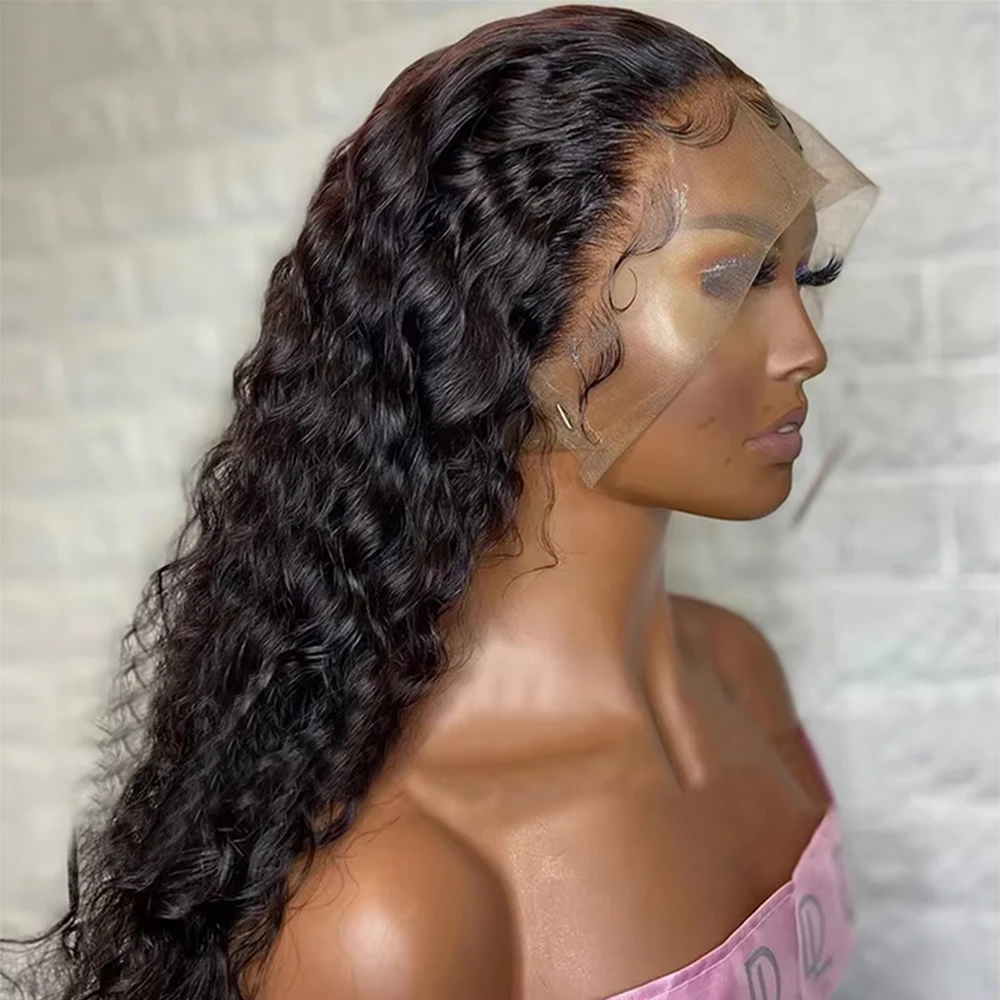 Peruca Frontal de Renda HD 13x6 com Cabelo Humano Cacheado Ondulado Profundo 220% Densidade, Pré-Alongada, 30-40 Polegadas, Cor Natural, Efeito Molhado e Ondulado, para Mulheres Negras