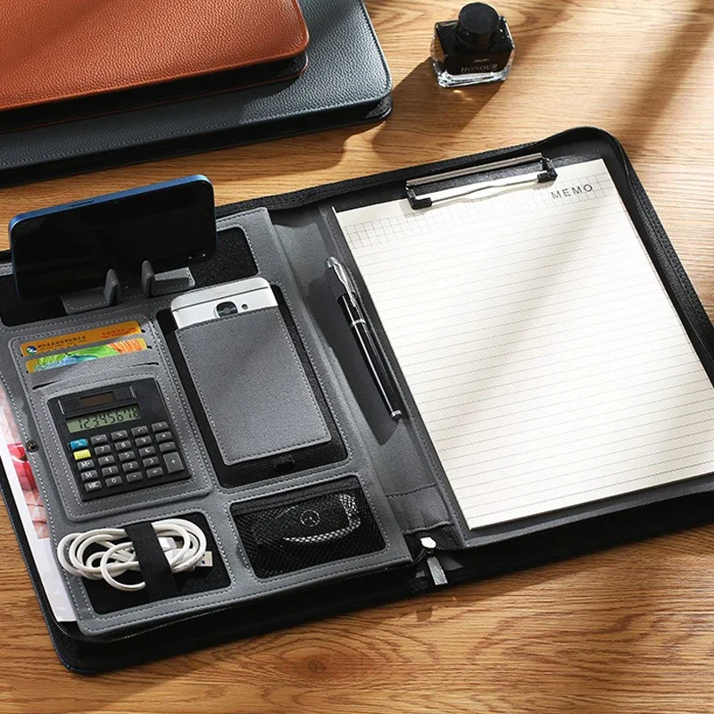 Leather Portfolio Organizer Storage Folder for a4 Documents Office Man Filling Binder Meeting Clipboard Desk Stationery Supply