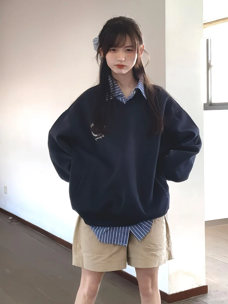 Felpa coreana con colletto lungo Sve da donna Faion College Wind Vintage Top stampato casual vestibilità ampia autunno alla moda