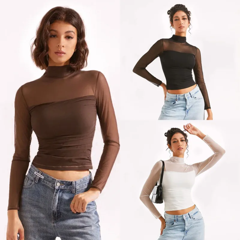 Fashion High Neck Mesh Paneled Long Sleeve Top Sexy Sheer Short Tops High Street Style Women's T-Shirt Slim Fit Club Party Top