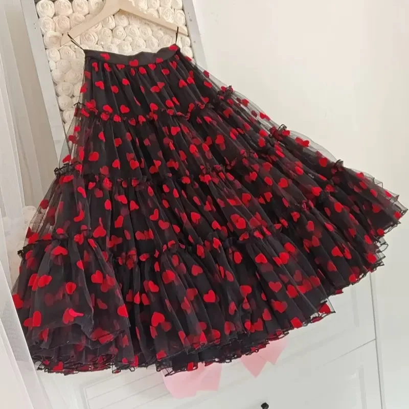 Spring New Plush Love Splicing Yarn Skirt for Slimming and Dazzling Dance Tower Skirt All Match High Waist Cake Skirt