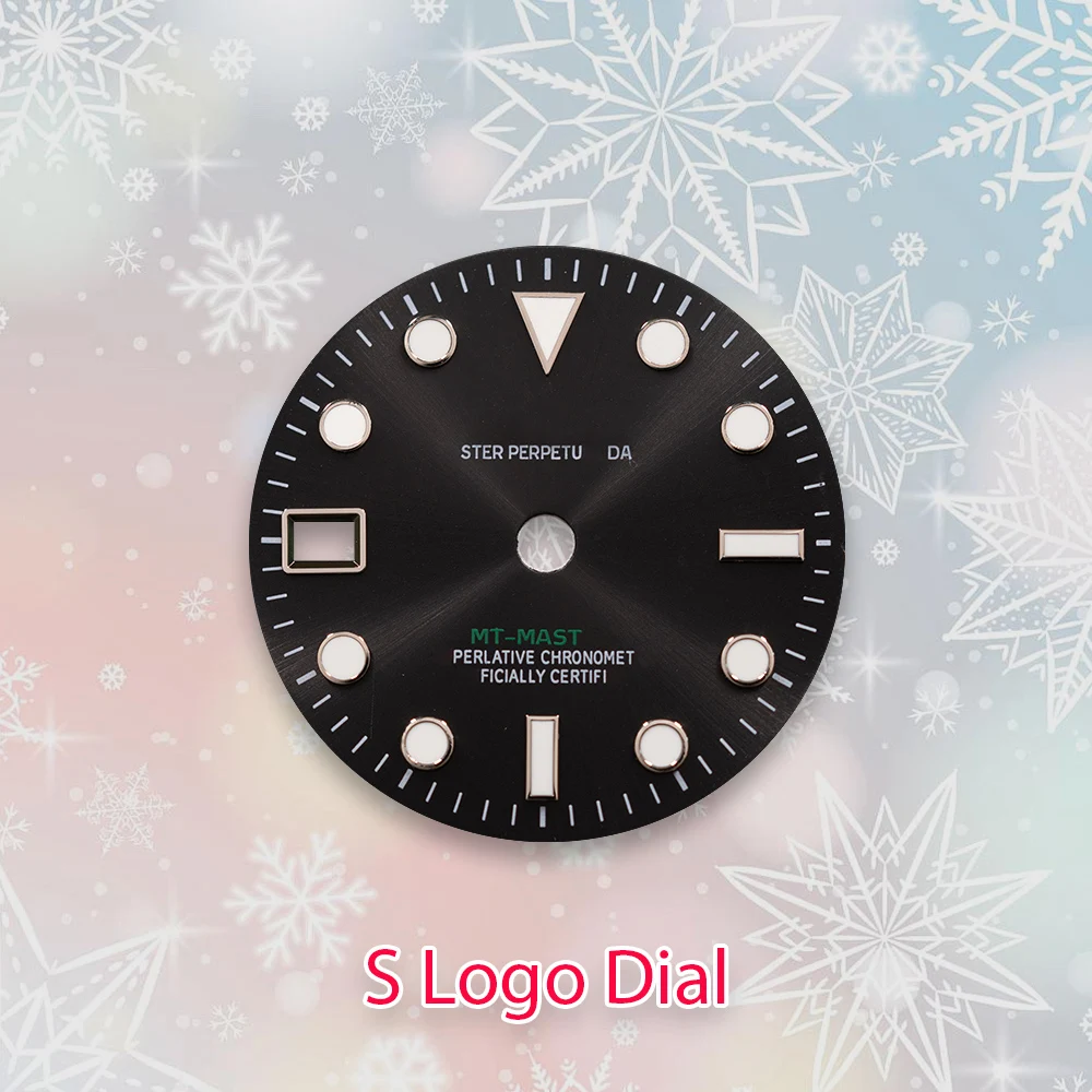 28.5mm Sロゴ NH34 GMT文字盤 9時位置カレンダー窓 NH34ムーブメント対応 アイスブルー夜光時計改造アクセサリー