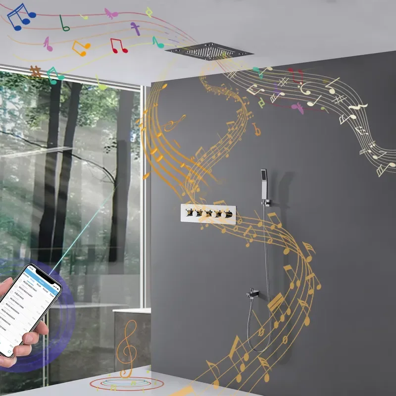New Design Music Shower Bathroom Shower Set Electric LED Colorful Rain Mist Waterfall Thermostatic Valve 16'' Polished