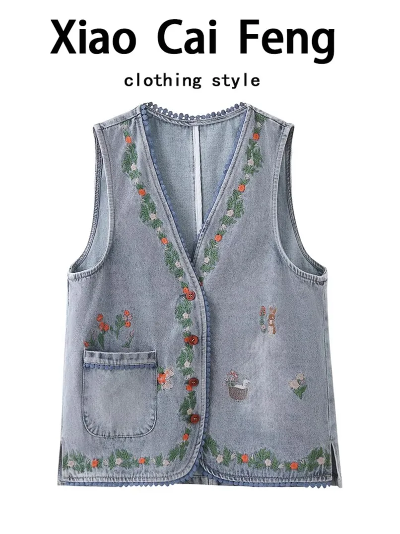 

Джинсовый жилет с цветочной вышивкой в стиле ретро, женский весенне-летний жилет большого размера Sli, универсальный многослойный жилет с подкладкой для век