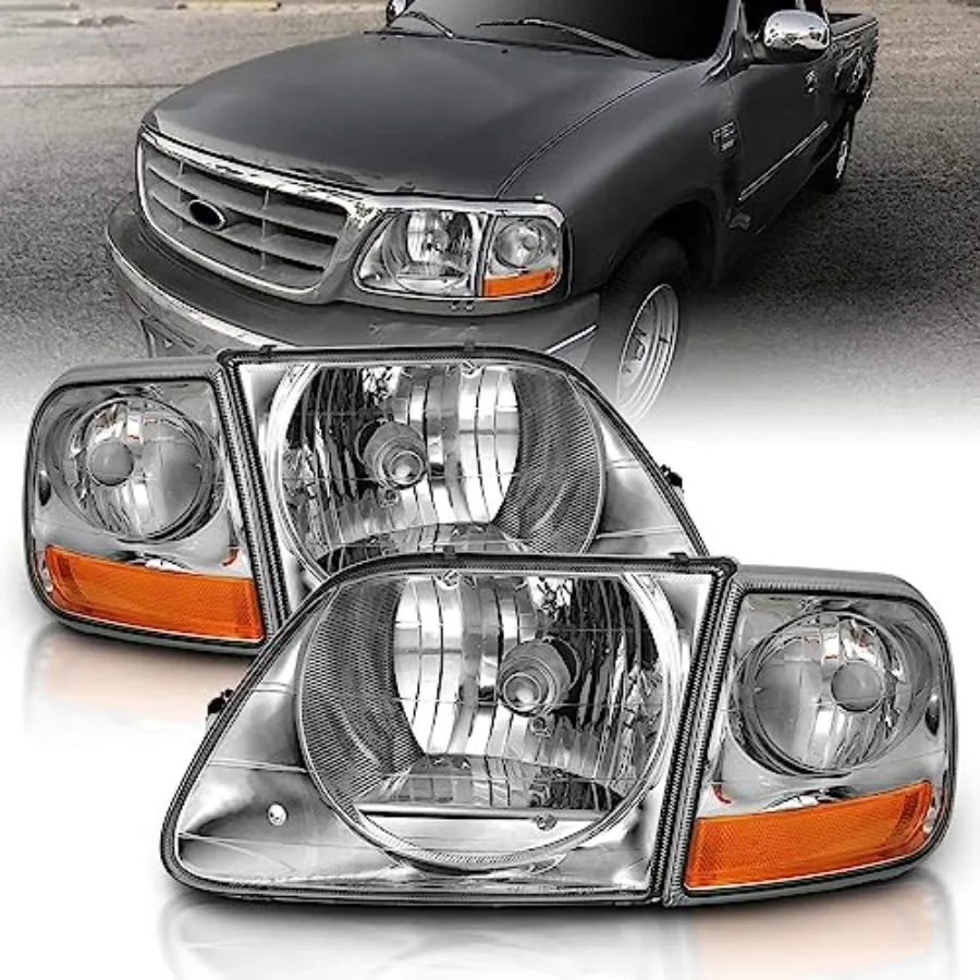 

for 1997-2003 Ford F150 Harley Lightning Crystal Chrome Replacement Halogen Headlights with Corner Parking Set - Driver and Pas