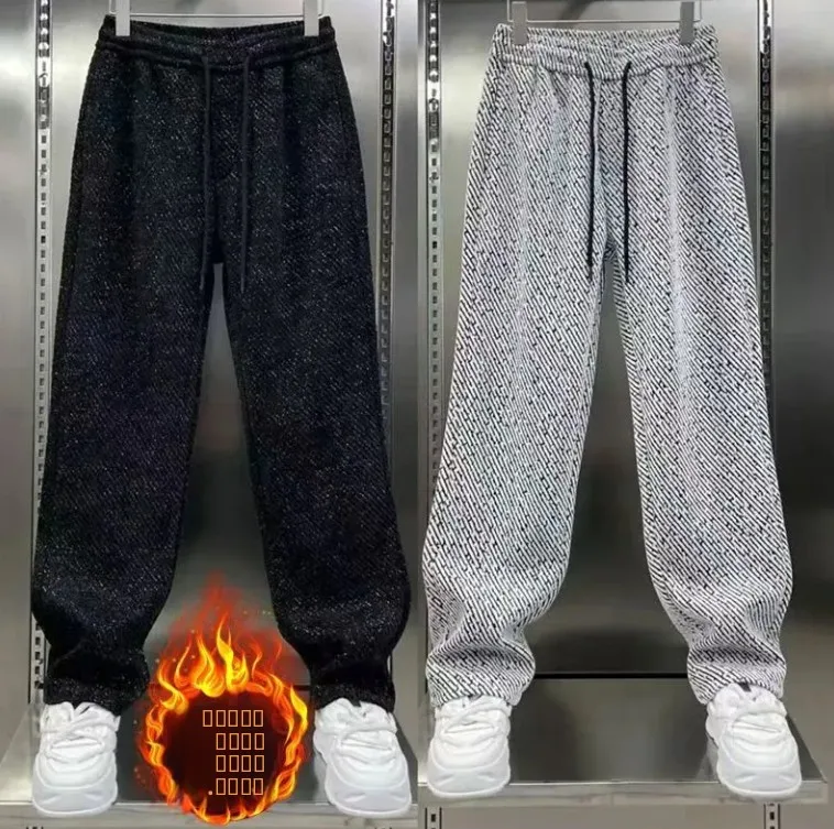 

Осенне-зимние повседневные брюки для мужчин, свободного кроя, утепленные, прямые, спортивные, с дизайном в виде звезд и диагональными полосками