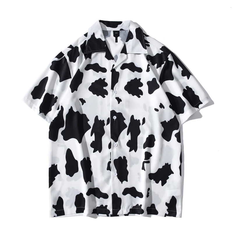 Cow Printing Vintage Men\'s Shirt Short Sleeve Thin Material Holiday Beach Shirts for Man