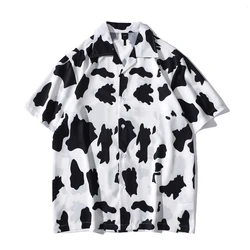 Cow Printing Vintage Men's Shirt Short Sleeve Thin Material Holiday Beach Shirts for Man