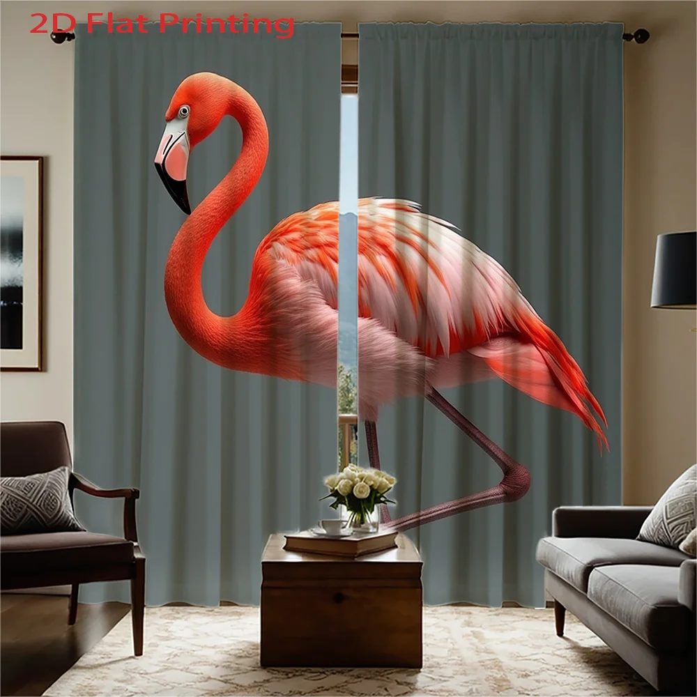 2pcs Flamingo Print Curtains - Vibrant Pink & White Flamingo Design, Semi-Transparent Polyester Fabric, Rod Pocket for Easy Hang