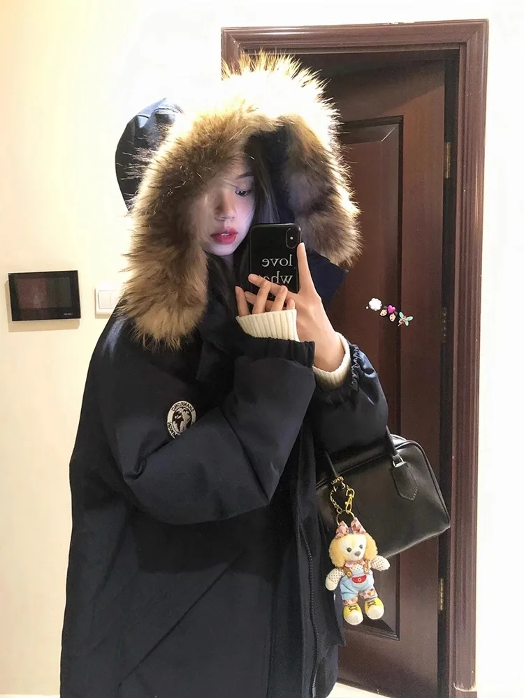 

Ретро-куртка в американском рабочем стиле для женщин: утепленная зимняя куртка-пуховик с капюшоном, длинными рукавами и свободным кроем