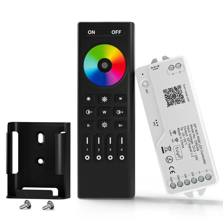 

2.4G WiFi контроллер RGB SPI DR03W с пультом RC03RF, управление через приложение Tuya, Smart Life, Google Home, Alexa, поддержка WS2812B, WS2811, WS2813