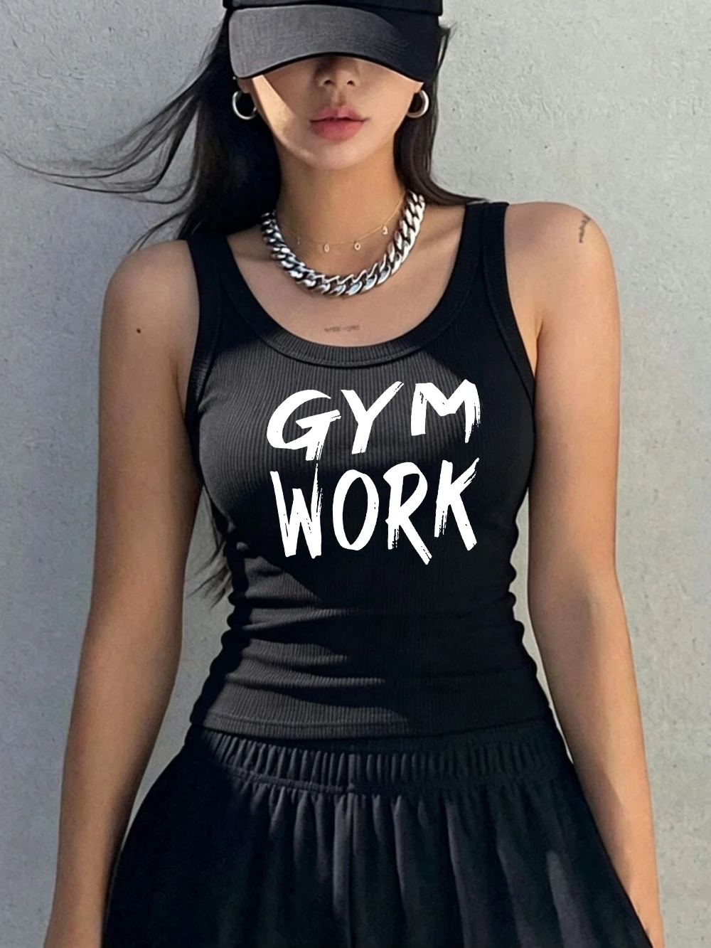 Gym Work Art Letter Printed Vest Summer Women Cotton Tank Tops Korean O-Neck Soft Ribbed Knit Sleeveless Sporty Slim Singlet