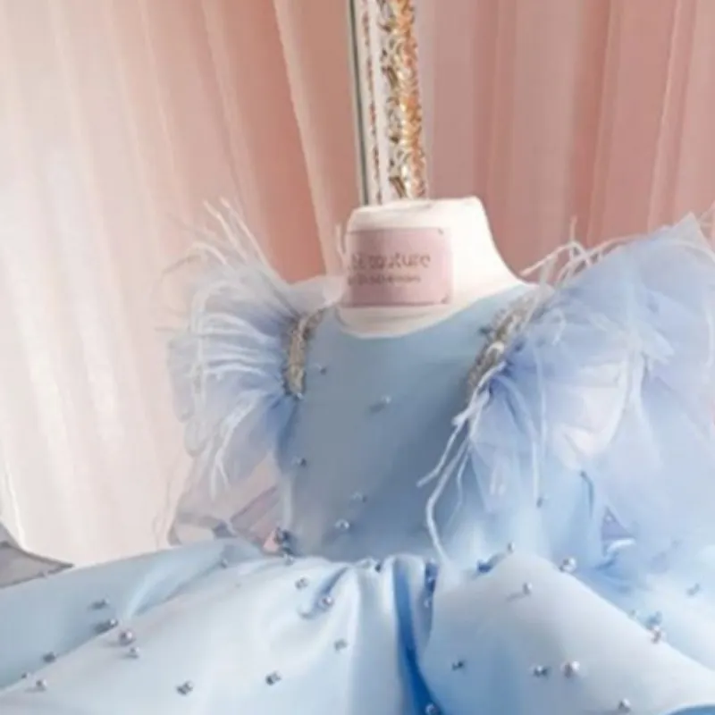 Fashion Baby Girl Princess Feather Tutu Dress Infant Toddler Child Bow Pearl Vestido Wedding Birthday Party Baby Clothes 1-14Y