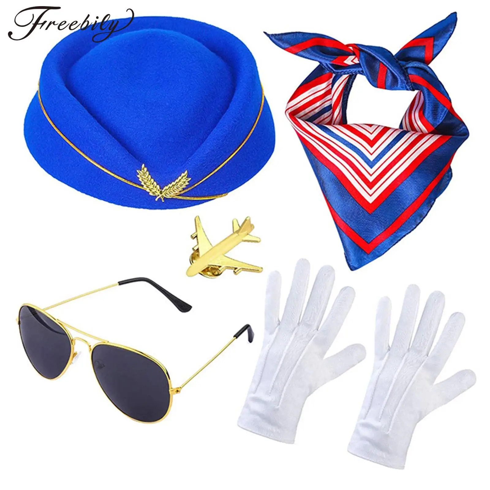 Women Stewardess Flight Attendant Cosplay Costume Accessories Hat Scarves Sunglasses Gloves Airplane Brooch for Halloween Party