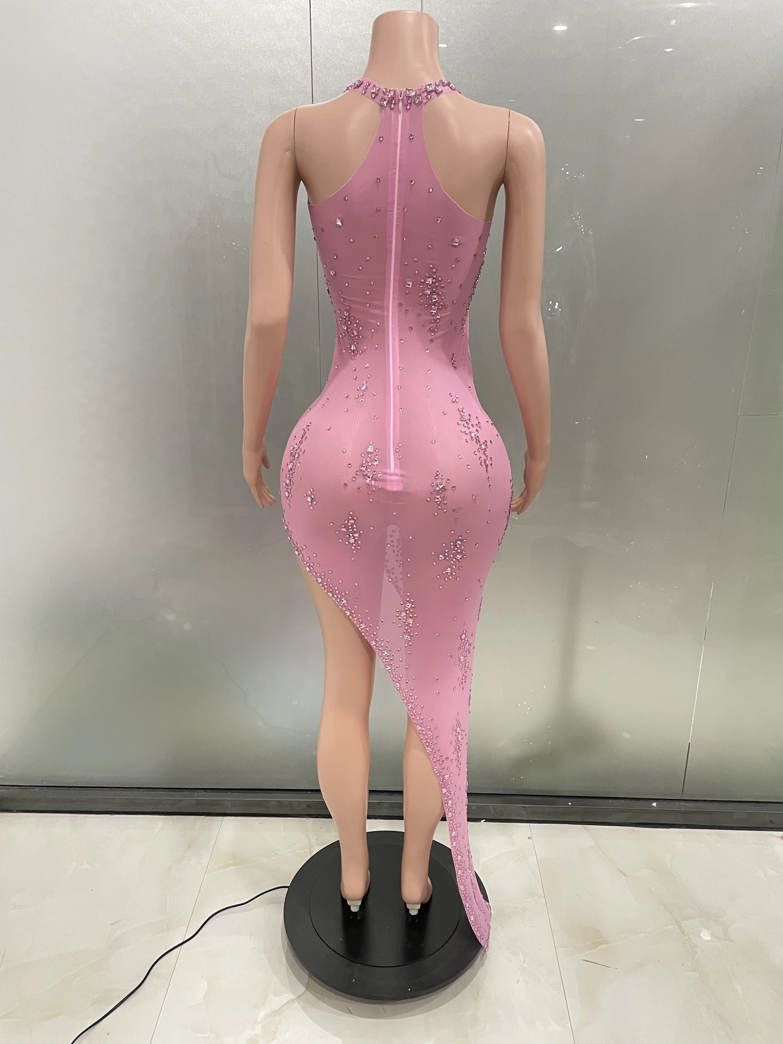 Women Sexy Backless Pink Mesh Rhinestone Dress Stage Performance Costume Elegant Evening Party Birthday Celebration Dresses