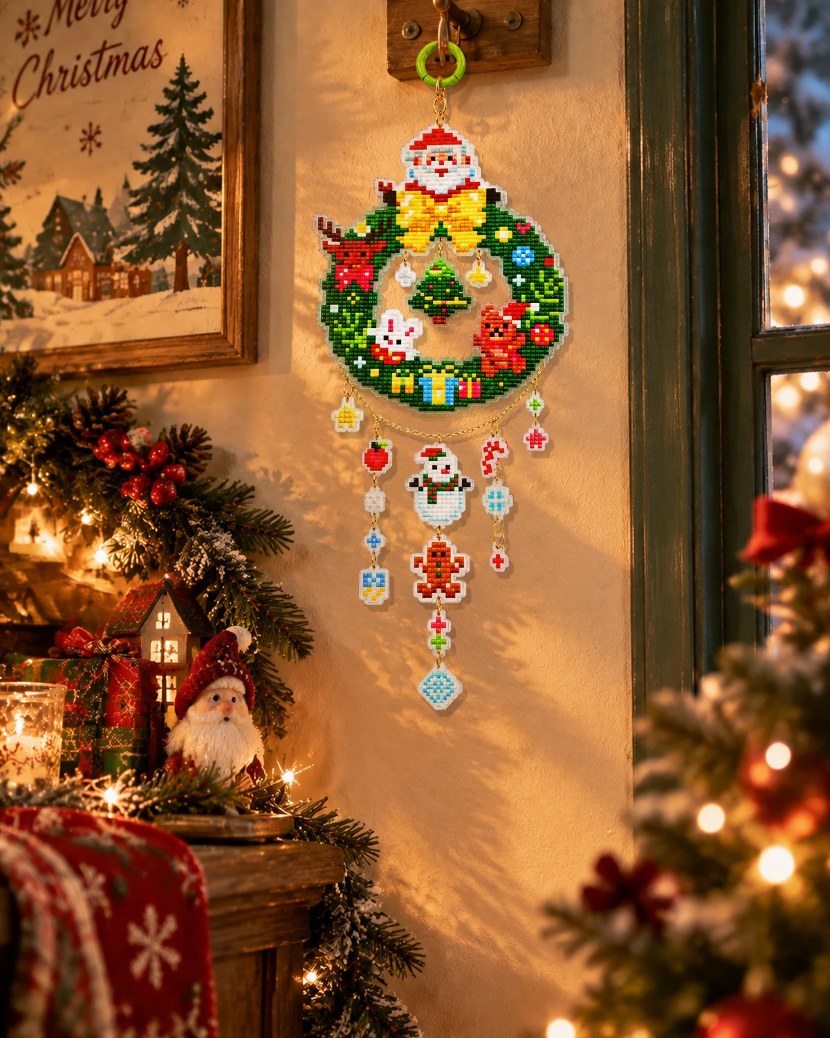 FOREVERYOUNG 5D Christmas Wreath Diamond Painting Hanging Ornament, Santa Claus Acrylic Wind Chime DIY Diamond Art Kit